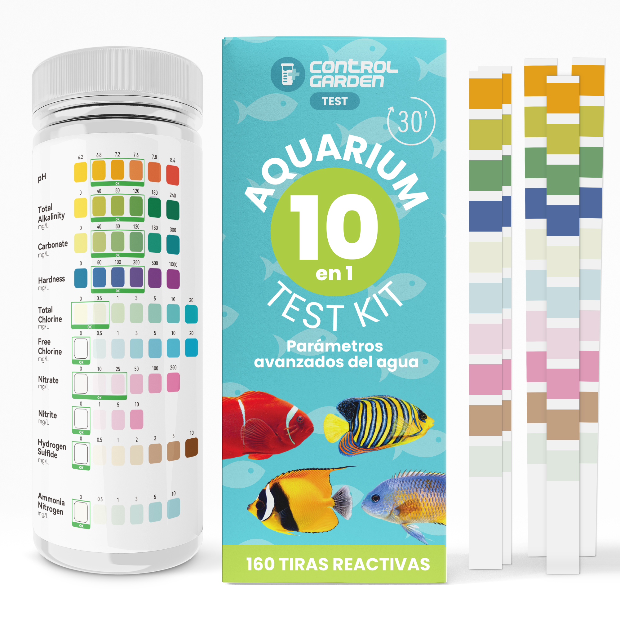 10 in 1 Aquarium Teststreifen · Pack mit 160 Einheiten · Vollständige Kontrolle von pH, Chlor, Nitriten und mehr