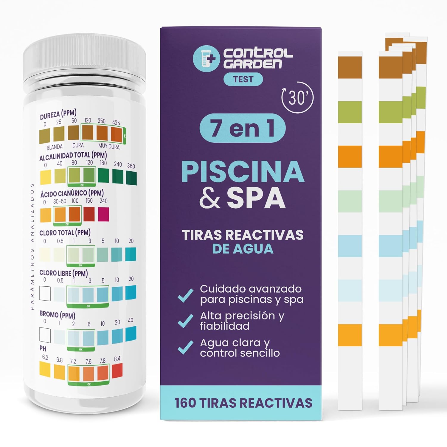 7 in 1 pH-Teststreifen für Pools und Spas · Packung mit 30 · pH-, Chloranalyse und mehr