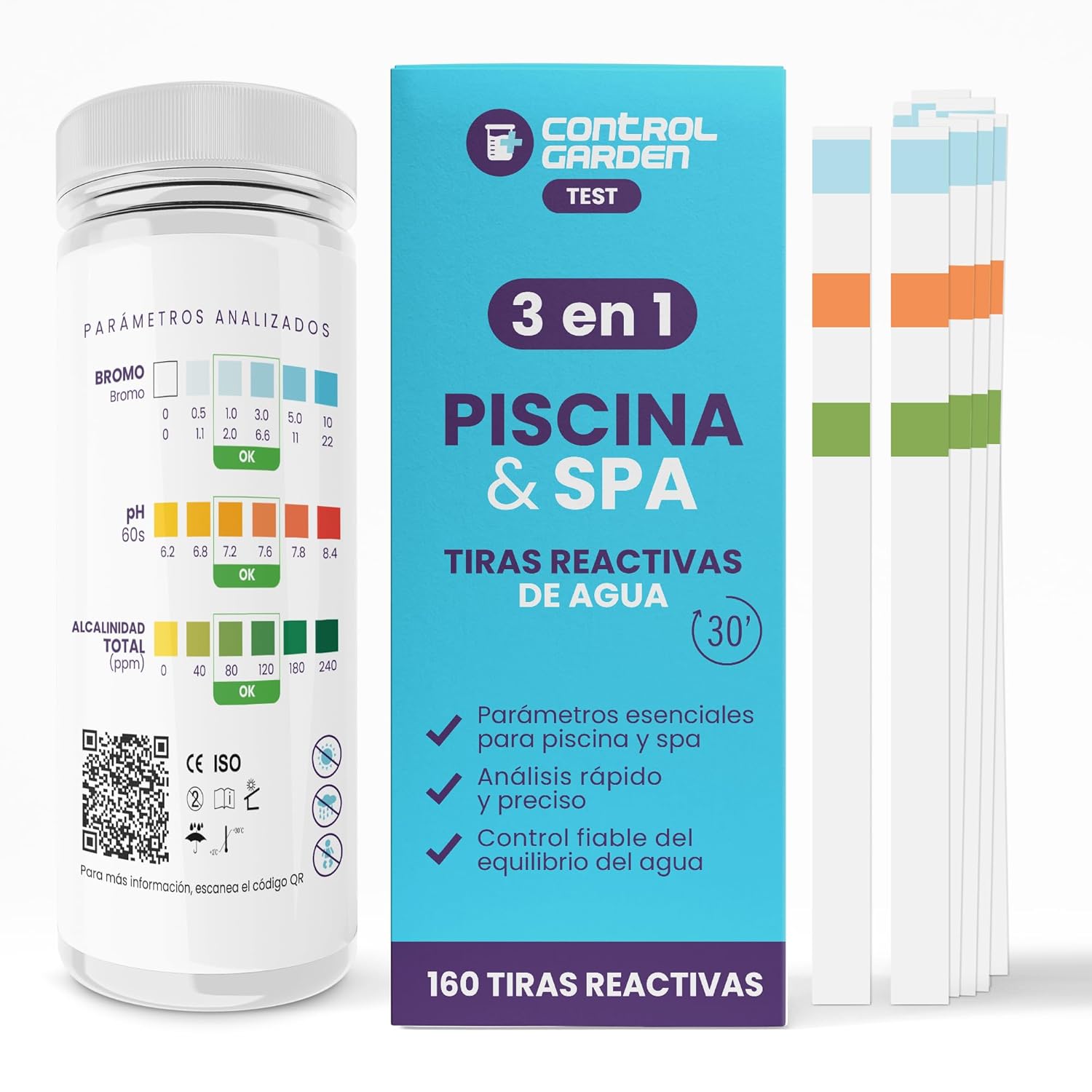 3 in 1 Teststreifen für pH, Brom und Gesamte Alkalität · Packung mit 50