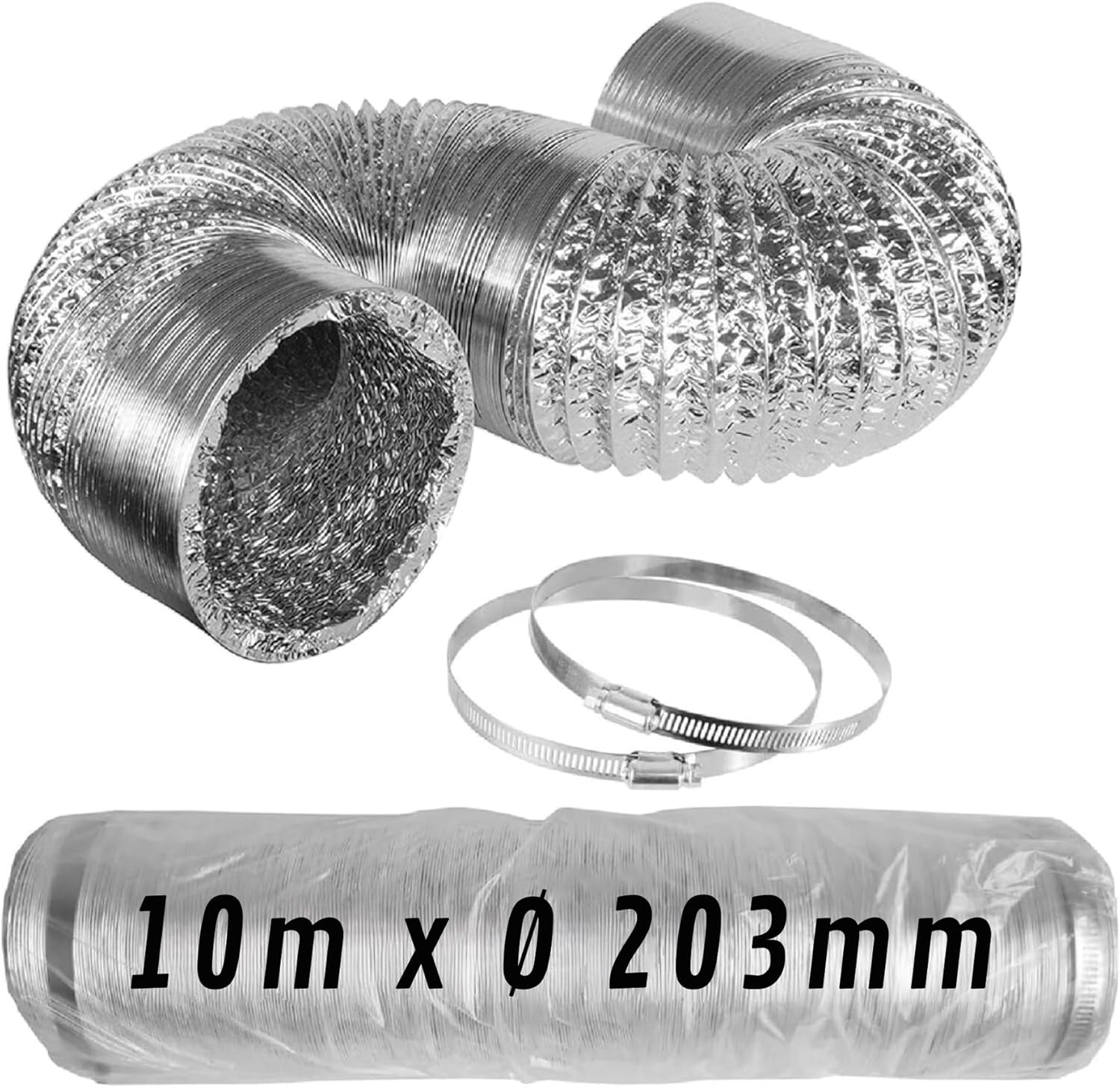 Flexibler Aluminiumkanal Silber 10 m ø203 mm · Pack mit Klemmen