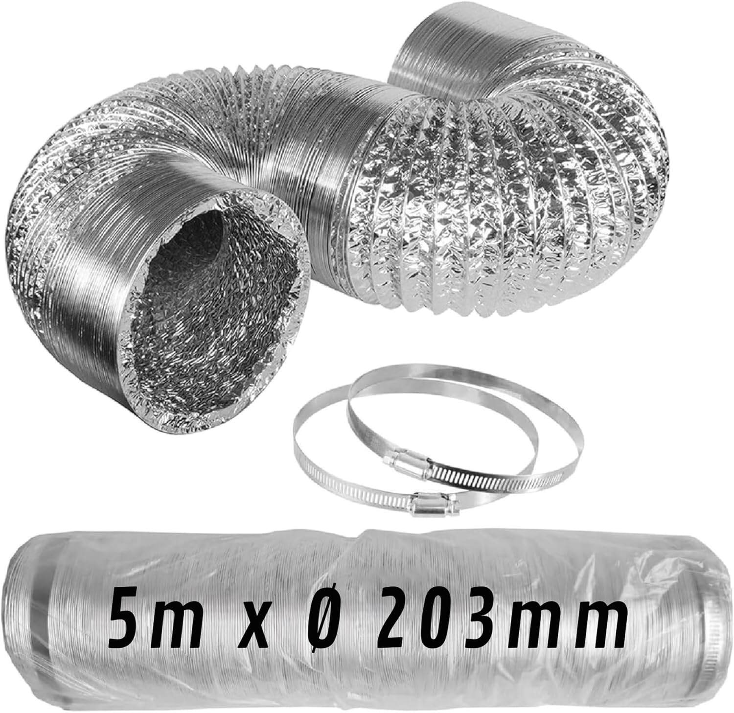 Flexibler Aluminiumkanal Ø 203 mm x 5 m mit Klemmen · Pack 1 Stk