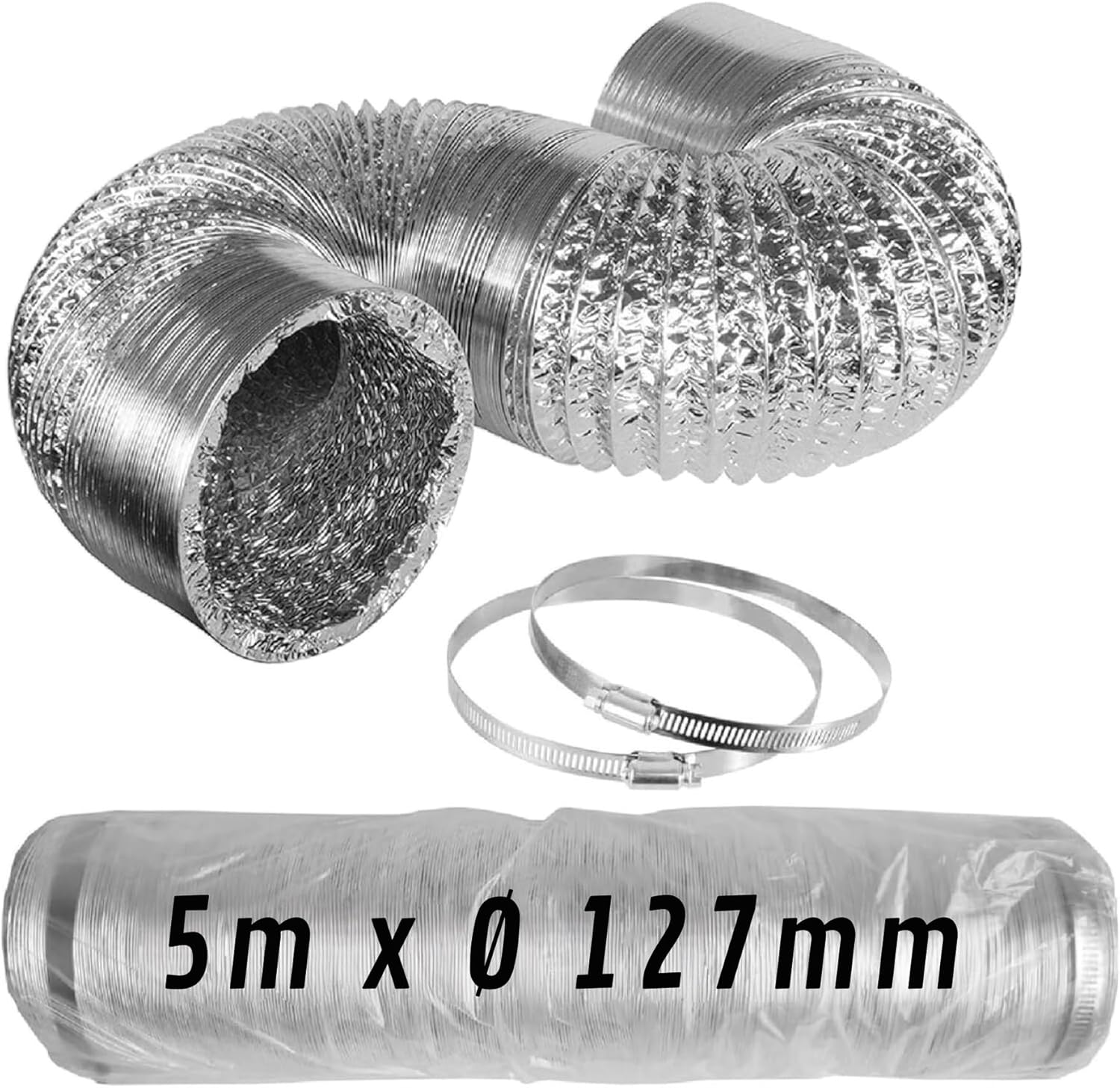 Flexibler Aluminiumkanal Ø 127 mm x 5 m mit Klemmen · Pack 1 Stk