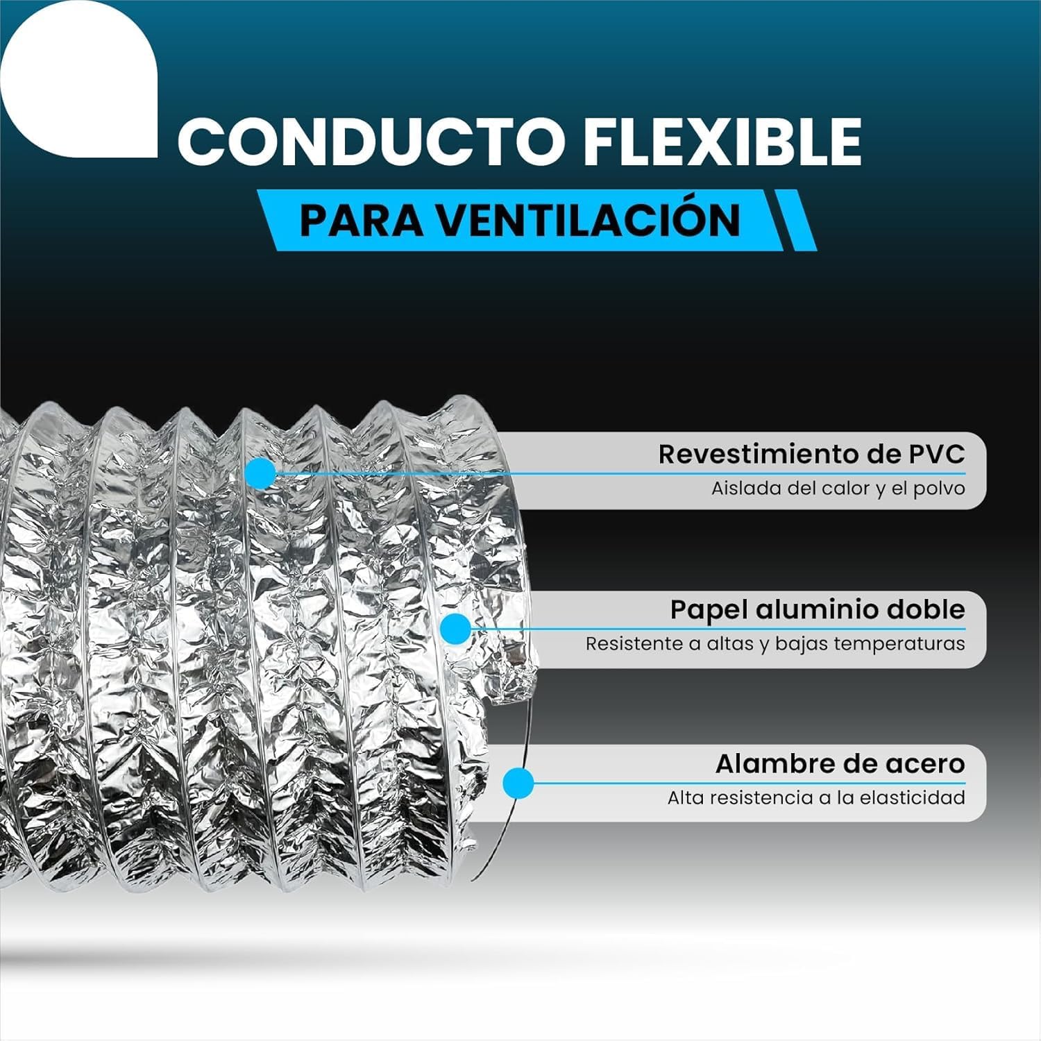 Tubo flexible de aluminio plateado de 102 mm y 5 metros con abrazaderas para ventilación · foto 2