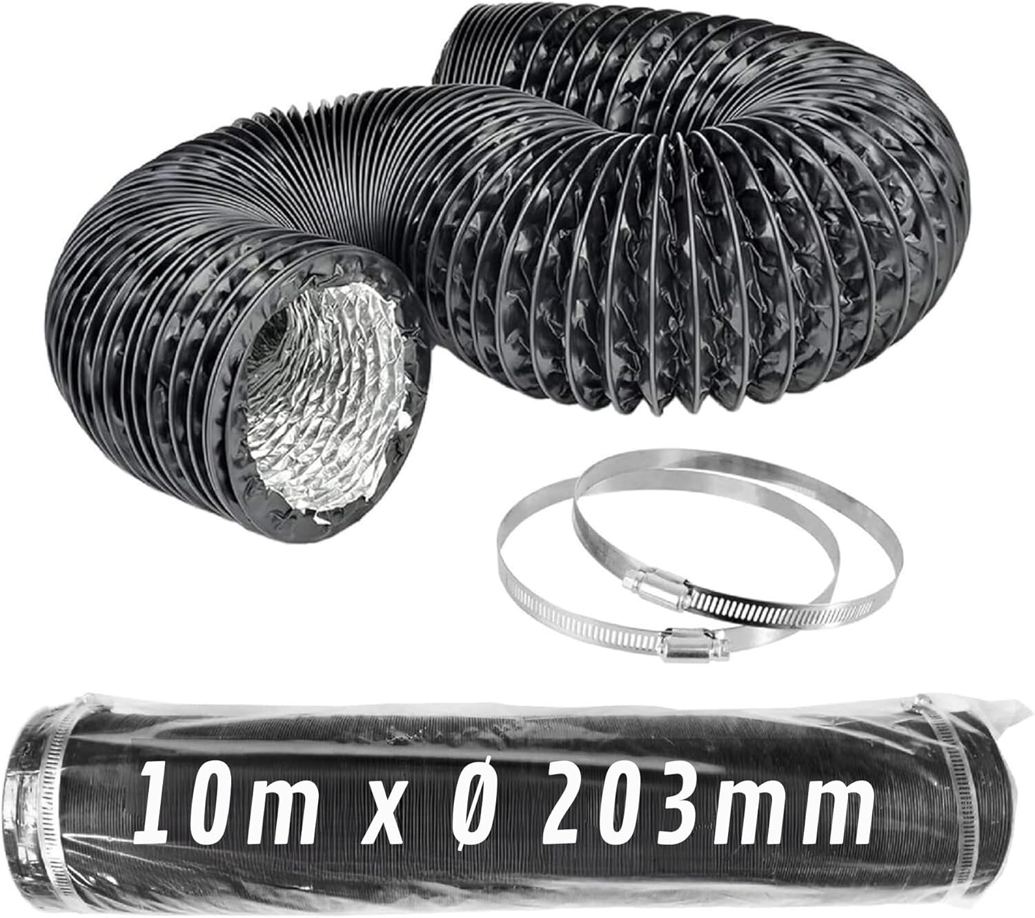Schwarzer Flexibler Aluminiumkanal Ø 203 mm x 10 m mit Klemmen · Pack 1 Stk