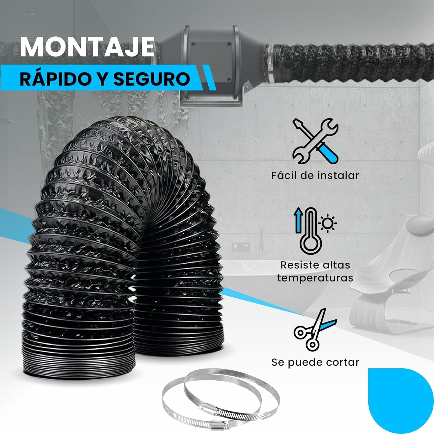 Tubo flexible de aluminio negro de 315 mm y 5 m con abrazaderas para ventilación · foto 3