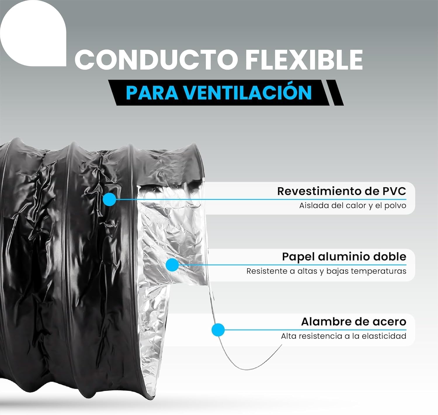 Tubo flexible de aluminio negro de 254 mm y 5 m para ventilación · foto 2