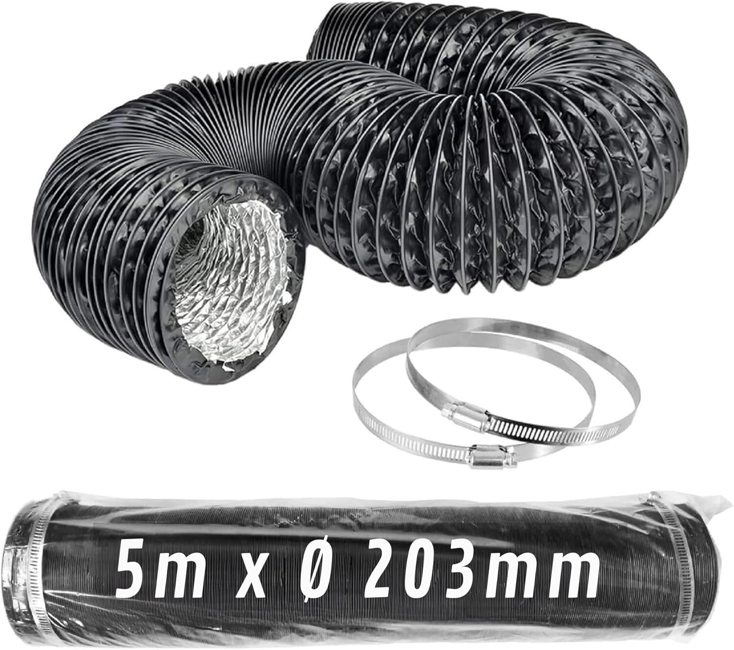 Schwarzer flexibler Aluminiumkanal Ø 203 mm x 5 m mit Klemmen · Pack 1 Stk
