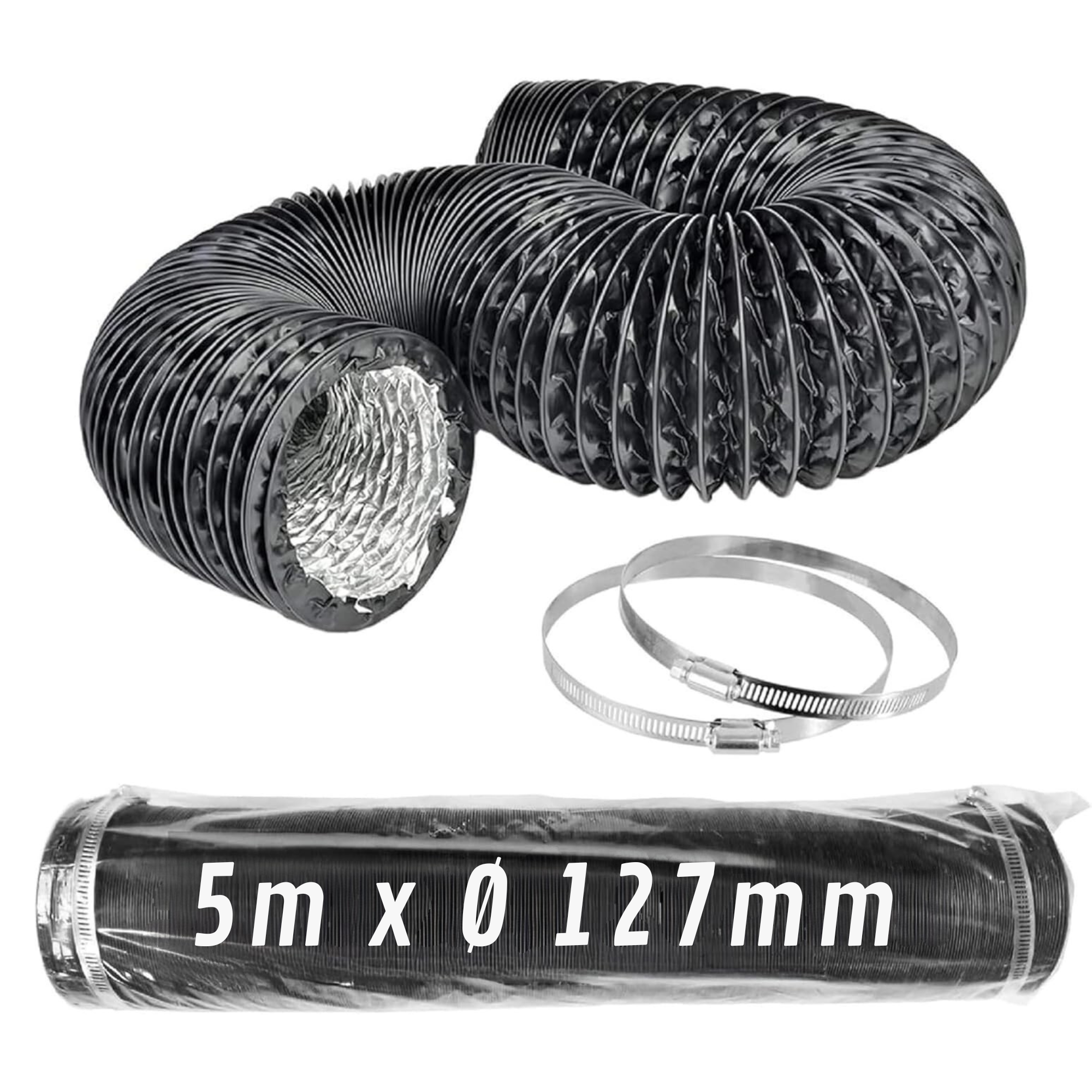 Schwarzer flexibler Aluminiumkanal Ø 127 mm x 5 m mit Klemmen · Pack 1 Stk